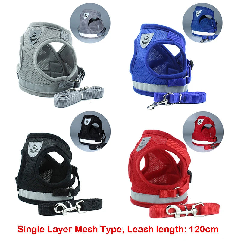 Soft Mesh Dog Cat Harness Set Reflective Walking Lead Leash Sets Breathable Puppy Vest For Small Medium Pet Dogs Yorkie Teddy