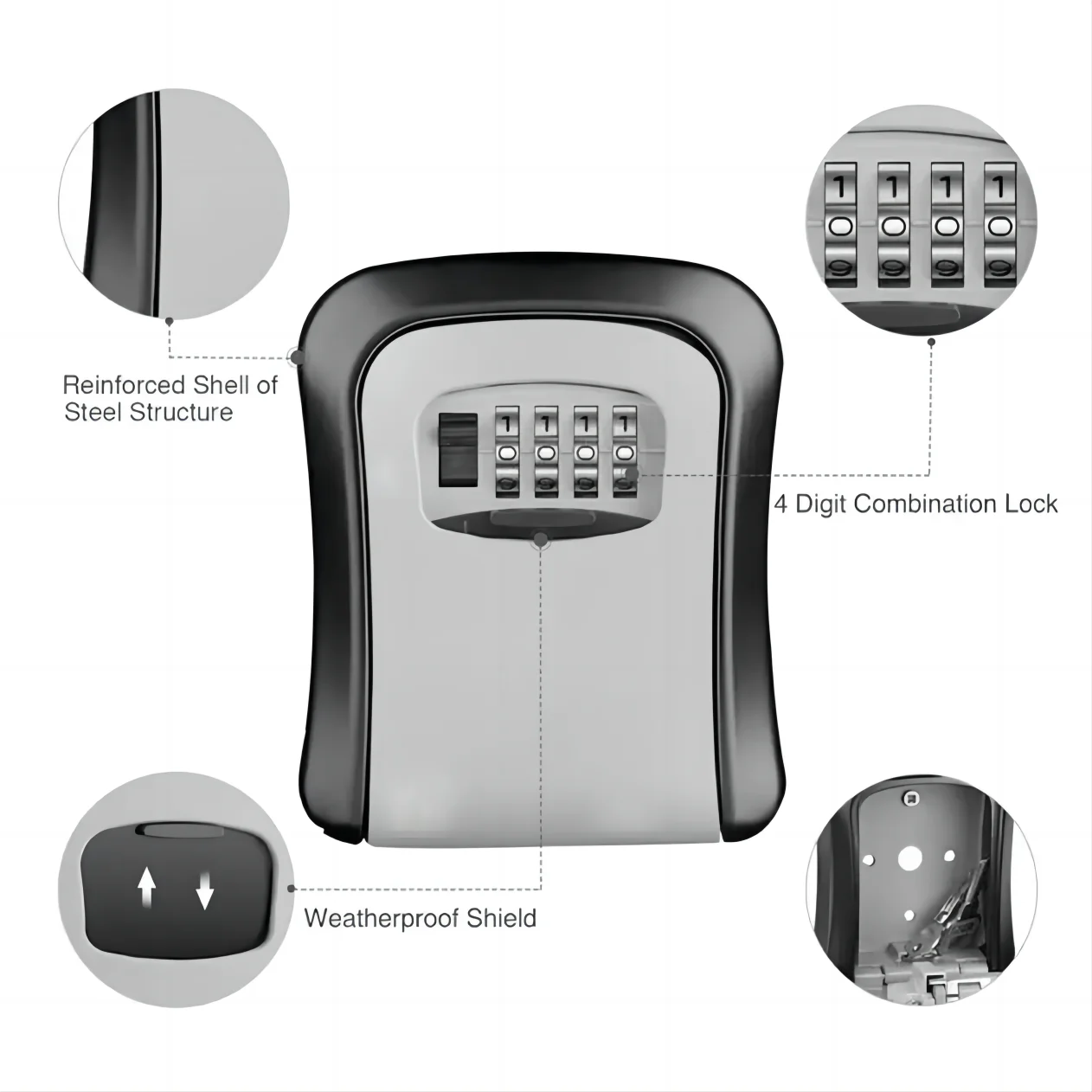 Wall Mount Key Lock Box 4 Digit Password Code Security Lock No Key for Home Office Key Safe Secret Storage Box Organizer