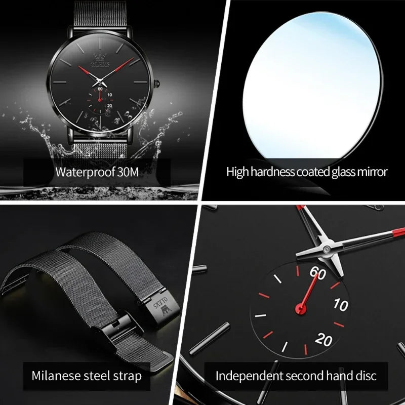 OLEVS Men's Fashion Quartz Watches Minimalism Ultrathin Original Waterproof Watch for Men Luminous Casual Mesh Strap Wristwatch