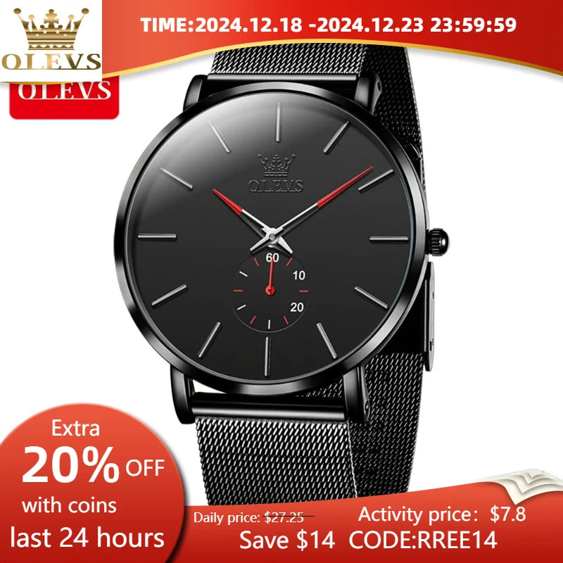 OLEVS Men's Fashion Quartz Watches Minimalism Ultrathin Original Waterproof Watch for Men Luminous Casual Mesh Strap Wristwatch