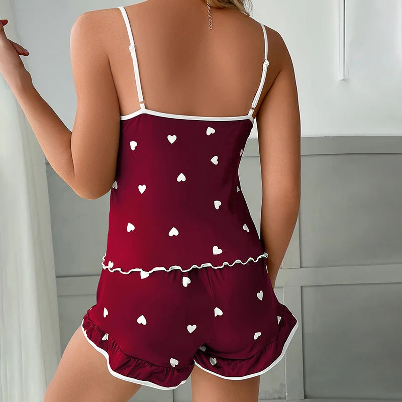 Women's Clothing Two-Piece Ice Silk Summer Suspenders Shorts Set Soft Drape Cute Print Casual Comfortable Pajamas Homewear