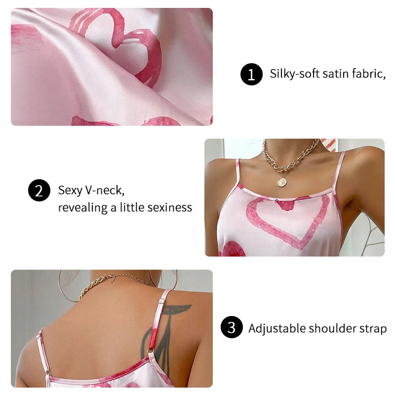 Women's Sleepwear Summer Sexy Lingerie Valentine's Day Heart Print Satin Slip Nightdress Round Neck Backless Sleep Dress Nightie