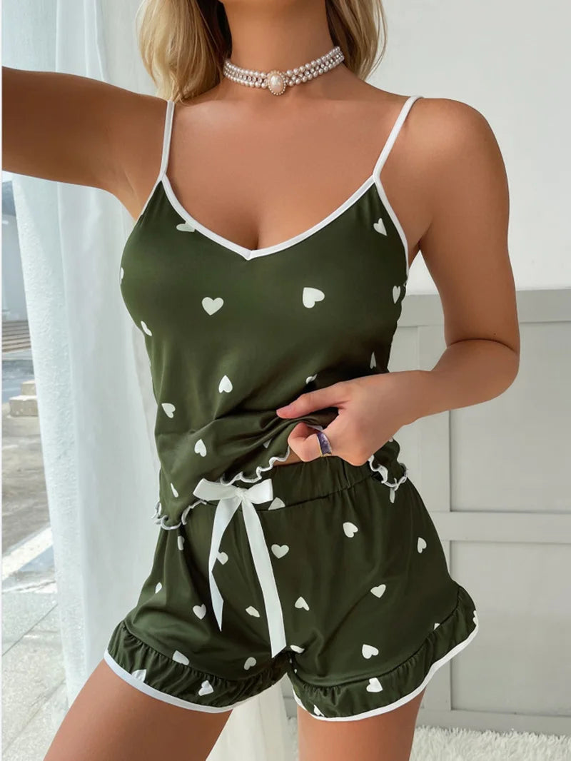Women's Clothing Two-Piece Ice Silk Summer Suspenders Shorts Set Soft Drape Cute Print Casual Comfortable Pajamas Homewear