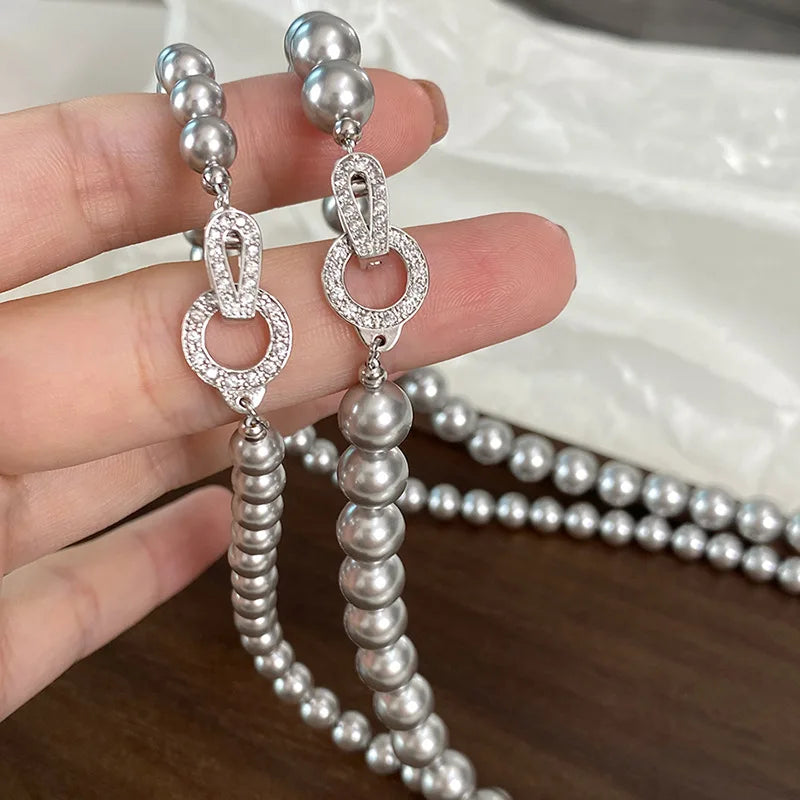 2024 New Arrival French Niche Design Imitation Pearl Zircon Pendant Necklace Fashion Women Geometry Crystal Jewelry Accessories