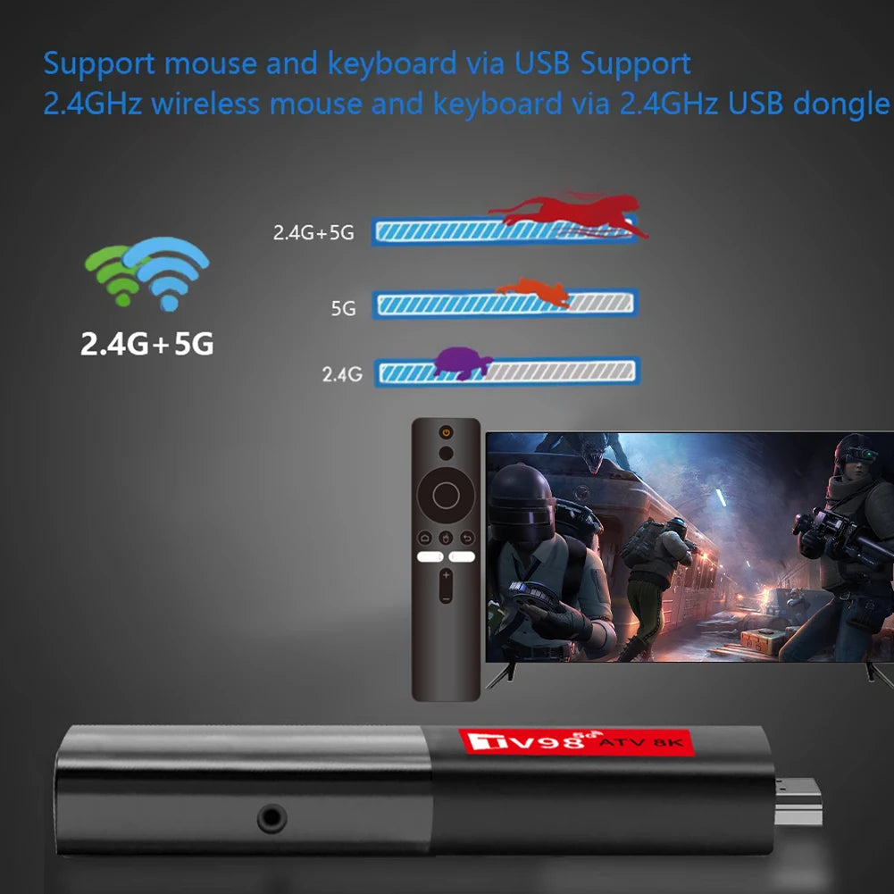 TV98 ATV Smart TV Stick Android 14 H618 2.4G&5G Dual WiFi BT5.0 Video Set Top TV Box Media Player Set Voice Remote TV Box