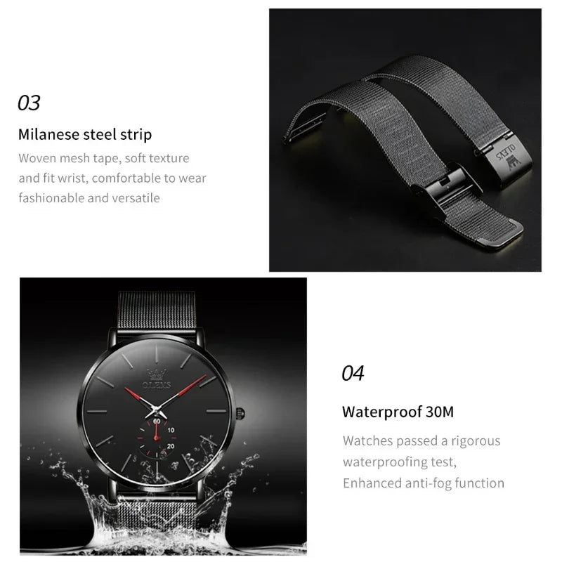 OLEVS Men's Fashion Quartz Watches Minimalism Ultrathin Original Waterproof Watch for Men Luminous Casual Mesh Strap Wristwatch