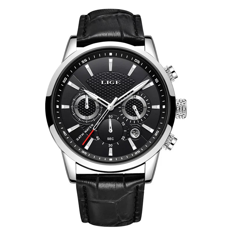 LIGE Watches Men 2024 Top Brand Luxury Casual Leather Quartz Men Watch Man Business Clock Male Sport Waterproof Date Chronograph