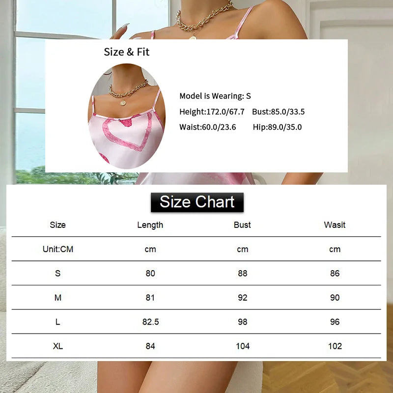 Women's Sleepwear Summer Sexy Lingerie Valentine's Day Heart Print Satin Slip Nightdress Round Neck Backless Sleep Dress Nightie