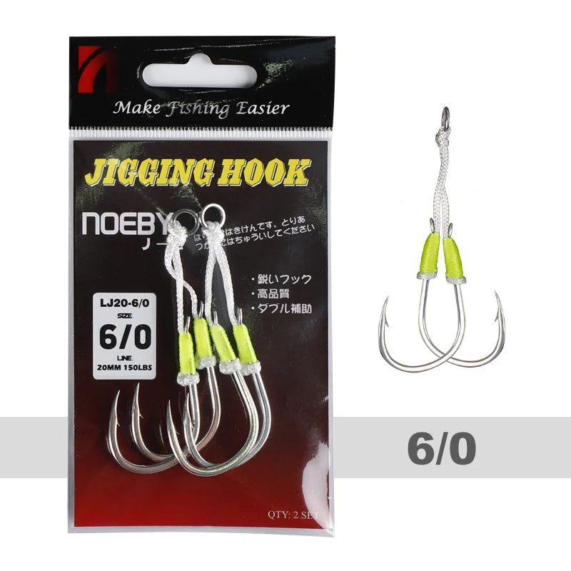 Noeby Twin Assist Hook Slow Jigging Fishing Hook Double 1/0 2/0 3/0 4/0 5/0 6/0 Barbed High Carbon Steel Metal Jig Fishing Hooks