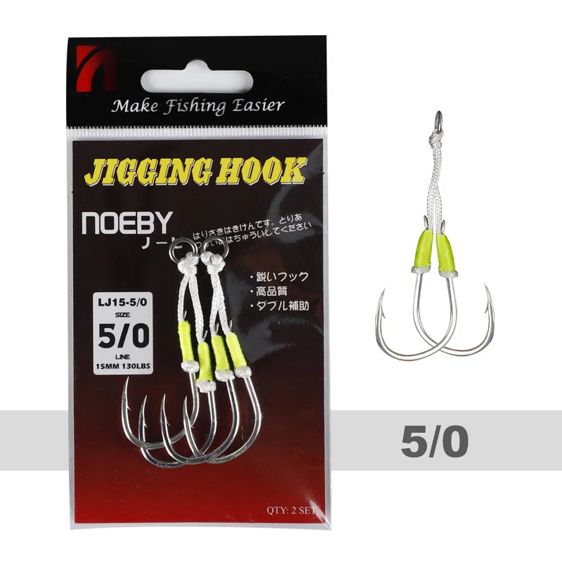 Noeby Twin Assist Hook Slow Jigging Fishing Hook Double 1/0 2/0 3/0 4/0 5/0 6/0 Barbed High Carbon Steel Metal Jig Fishing Hooks