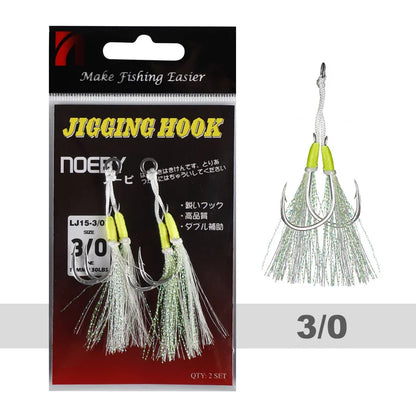 Noeby Twin Assist Hook Slow Jigging Fishing Hook Double 1/0 2/0 3/0 4/0 5/0 6/0 Barbed High Carbon Steel Metal Jig Fishing Hooks