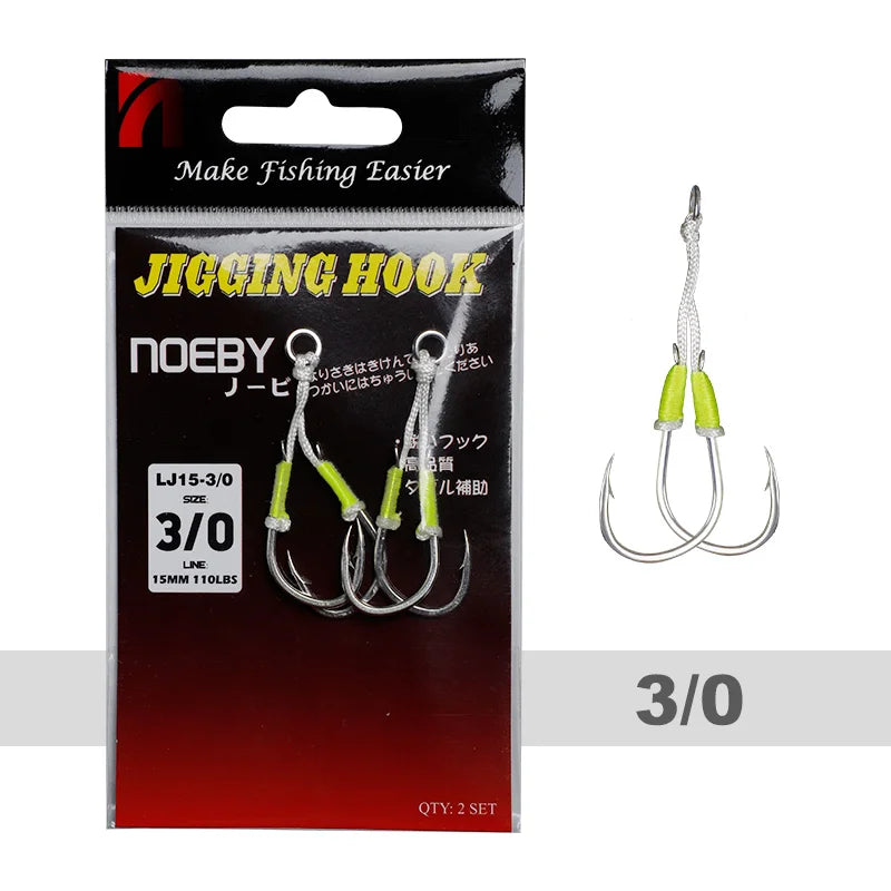 Noeby Twin Assist Hook Slow Jigging Fishing Hook Double 1/0 2/0 3/0 4/0 5/0 6/0 Barbed High Carbon Steel Metal Jig Fishing Hooks