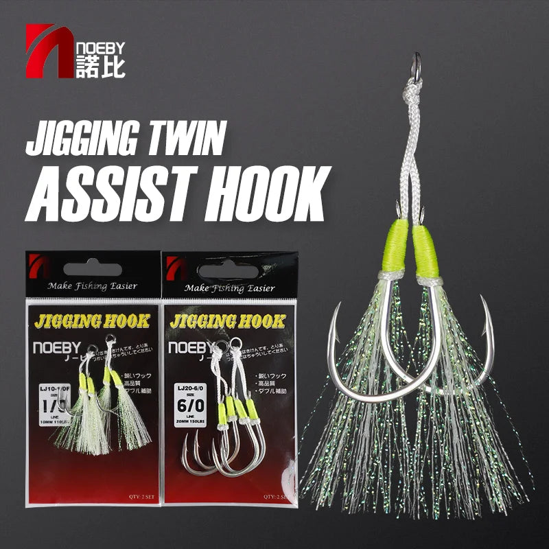 Noeby Twin Assist Hook Slow Jigging Fishing Hook Double 1/0 2/0 3/0 4/0 5/0 6/0 Barbed High Carbon Steel Metal Jig Fishing Hooks