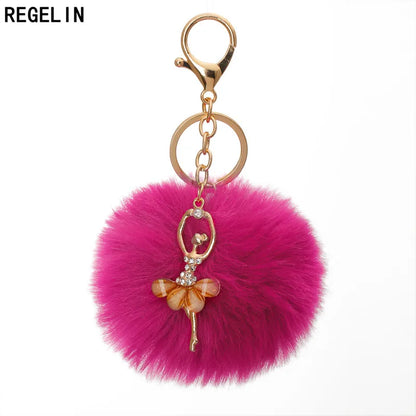REGELIN Dancing Angel Girl Fluffy Pompom Keychains Fake Rabbit Fur Ball KeyChain Women Bag Charms Jewelry Gift Pompom Keychain