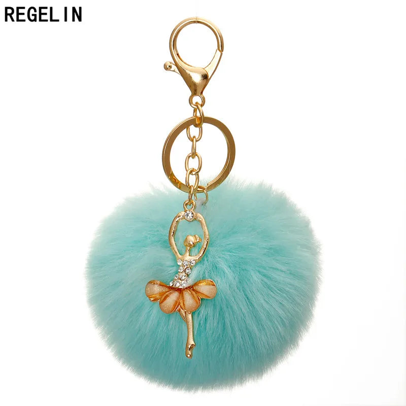 REGELIN Dancing Angel Girl Fluffy Pompom Keychains Fake Rabbit Fur Ball KeyChain Women Bag Charms Jewelry Gift Pompom Keychain