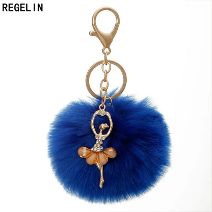 REGELIN Dancing Angel Girl Fluffy Pompom Keychains Fake Rabbit Fur Ball KeyChain Women Bag Charms Jewelry Gift Pompom Keychain