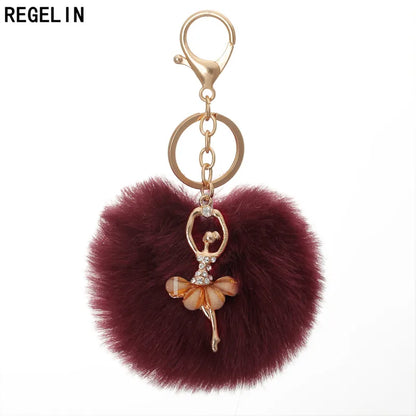 REGELIN Dancing Angel Girl Fluffy Pompom Keychains Fake Rabbit Fur Ball KeyChain Women Bag Charms Jewelry Gift Pompom Keychain
