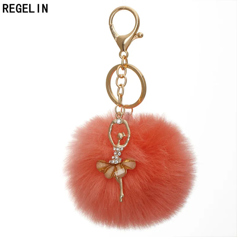 REGELIN Dancing Angel Girl Fluffy Pompom Keychains Fake Rabbit Fur Ball KeyChain Women Bag Charms Jewelry Gift Pompom Keychain
