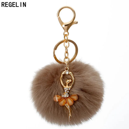 REGELIN Dancing Angel Girl Fluffy Pompom Keychains Fake Rabbit Fur Ball KeyChain Women Bag Charms Jewelry Gift Pompom Keychain