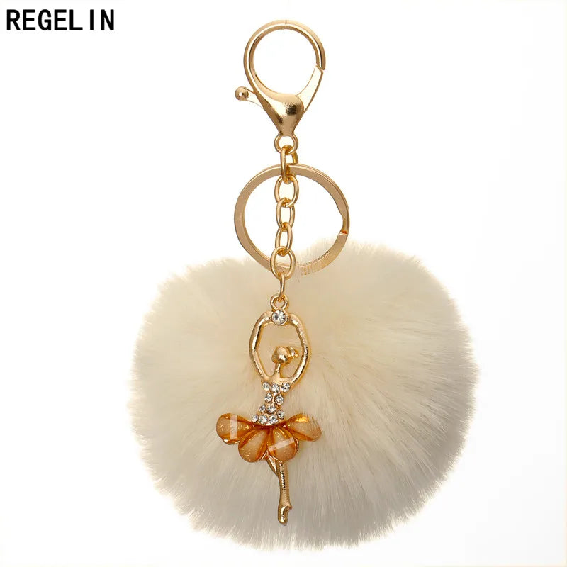 REGELIN Dancing Angel Girl Fluffy Pompom Keychains Fake Rabbit Fur Ball KeyChain Women Bag Charms Jewelry Gift Pompom Keychain
