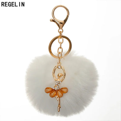 REGELIN Dancing Angel Girl Fluffy Pompom Keychains Fake Rabbit Fur Ball KeyChain Women Bag Charms Jewelry Gift Pompom Keychain