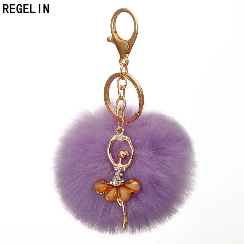 REGELIN Dancing Angel Girl Fluffy Pompom Keychains Fake Rabbit Fur Ball KeyChain Women Bag Charms Jewelry Gift Pompom Keychain