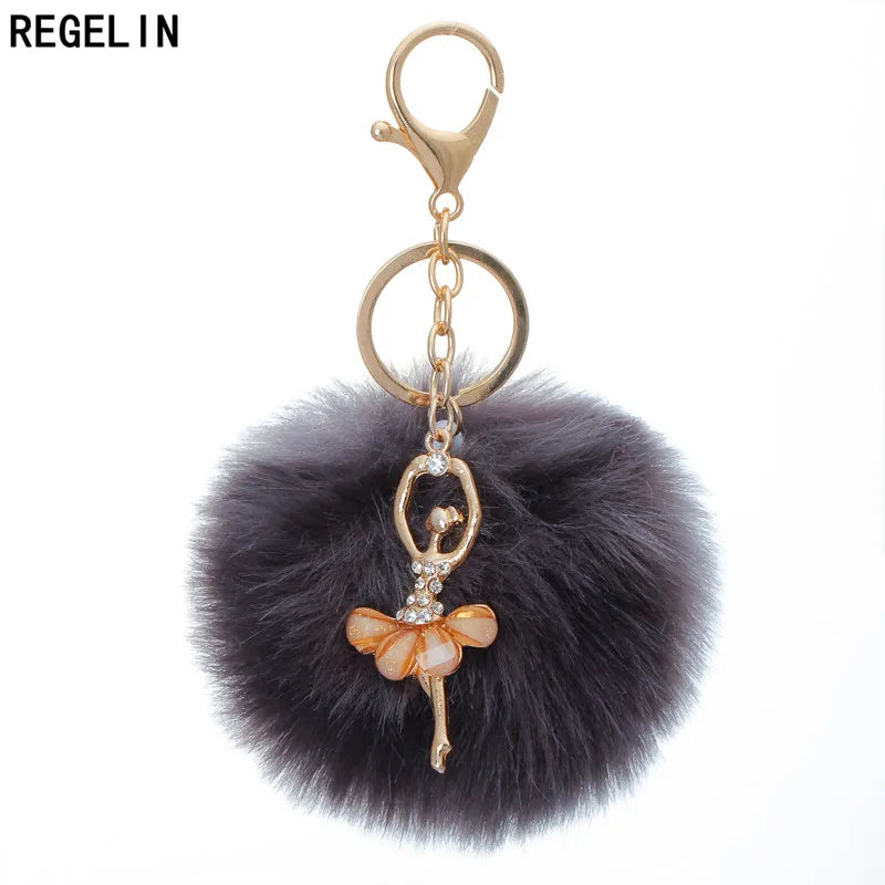 REGELIN Dancing Angel Girl Fluffy Pompom Keychains Fake Rabbit Fur Ball KeyChain Women Bag Charms Jewelry Gift Pompom Keychain