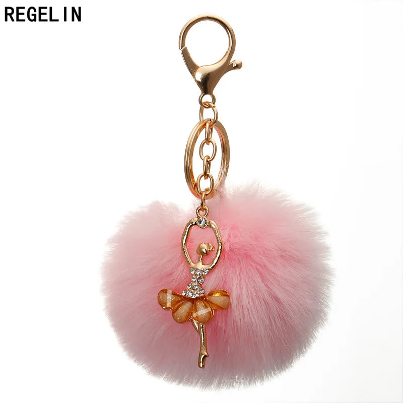 REGELIN Dancing Angel Girl Fluffy Pompom Keychains Fake Rabbit Fur Ball KeyChain Women Bag Charms Jewelry Gift Pompom Keychain