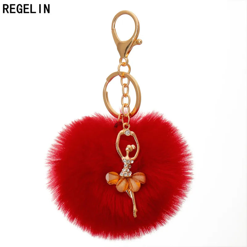 REGELIN Dancing Angel Girl Fluffy Pompom Keychains Fake Rabbit Fur Ball KeyChain Women Bag Charms Jewelry Gift Pompom Keychain