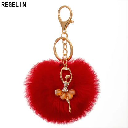 REGELIN Dancing Angel Girl Fluffy Pompom Keychains Fake Rabbit Fur Ball KeyChain Women Bag Charms Jewelry Gift Pompom Keychain