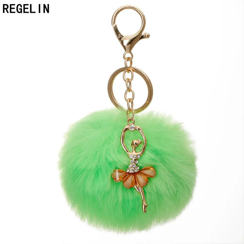 REGELIN Dancing Angel Girl Fluffy Pompom Keychains Fake Rabbit Fur Ball KeyChain Women Bag Charms Jewelry Gift Pompom Keychain