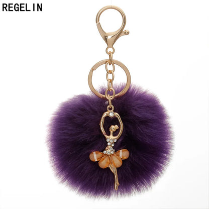 REGELIN Dancing Angel Girl Fluffy Pompom Keychains Fake Rabbit Fur Ball KeyChain Women Bag Charms Jewelry Gift Pompom Keychain