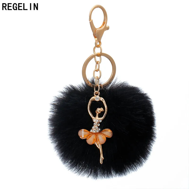 REGELIN Dancing Angel Girl Fluffy Pompom Keychains Fake Rabbit Fur Ball KeyChain Women Bag Charms Jewelry Gift Pompom Keychain
