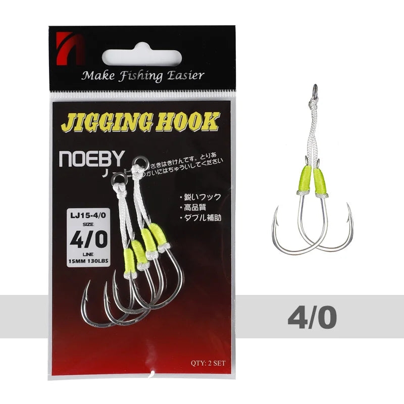 Noeby Twin Assist Hook Slow Jigging Fishing Hook Double 1/0 2/0 3/0 4/0 5/0 6/0 Barbed High Carbon Steel Metal Jig Fishing Hooks
