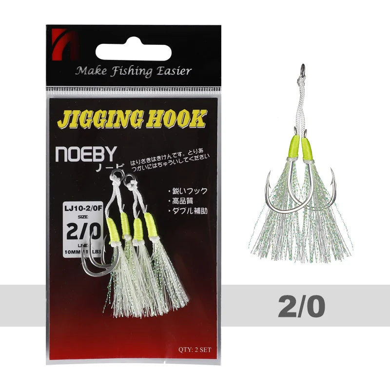 Noeby Twin Assist Hook Slow Jigging Fishing Hook Double 1/0 2/0 3/0 4/0 5/0 6/0 Barbed High Carbon Steel Metal Jig Fishing Hooks