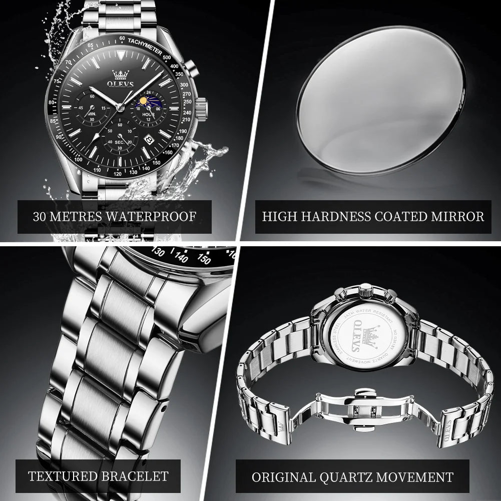 OLEVS Multifunctional Men's Watch Fashion Business Calendar Waterproof Luminous Quartz Watch Luxury Brand Moon Phase Men's Watch