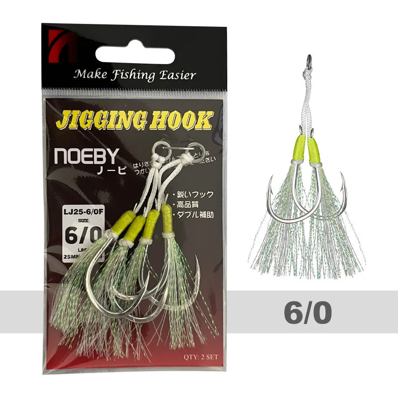 Noeby Twin Assist Hook Slow Jigging Fishing Hook Double 1/0 2/0 3/0 4/0 5/0 6/0 Barbed High Carbon Steel Metal Jig Fishing Hooks
