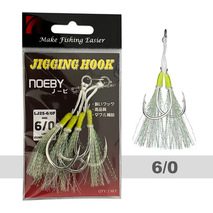 Noeby Twin Assist Hook Slow Jigging Fishing Hook Double 1/0 2/0 3/0 4/0 5/0 6/0 Barbed High Carbon Steel Metal Jig Fishing Hooks
