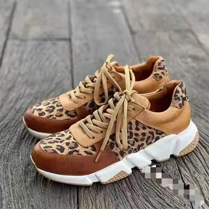 Platform Sneakers Women 2023 Round Toe Low-top Leopard Wedge Shoes Women's Size 43 Lace Up Socofy Casual Sports Shoes