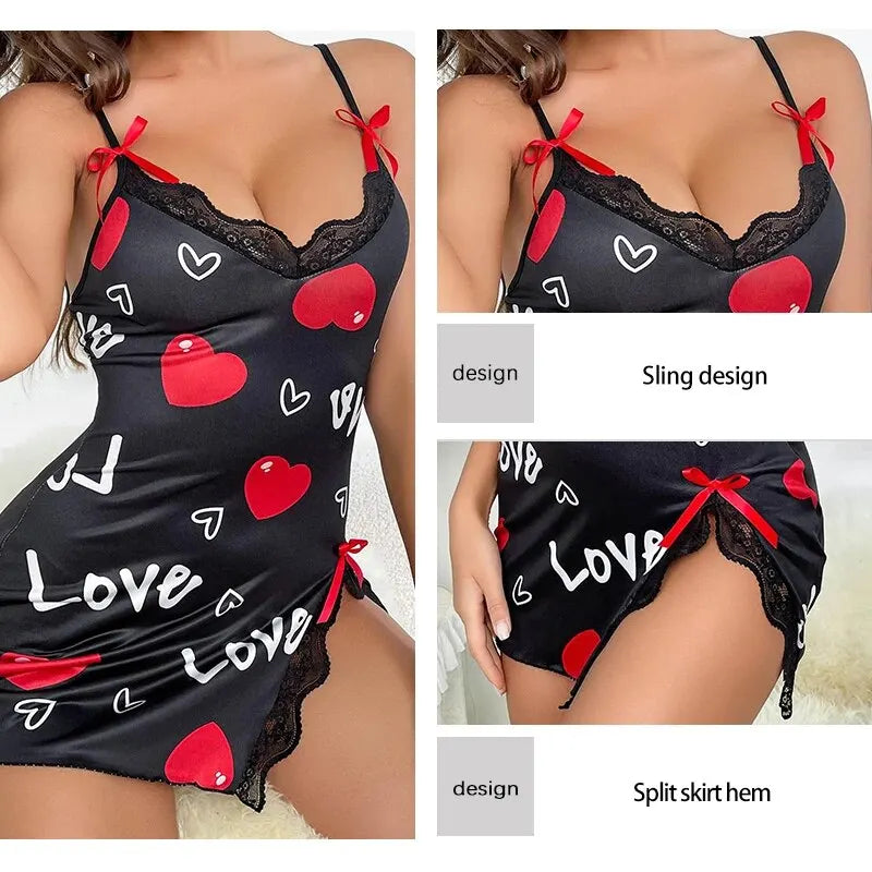 Lace Edge V-Neck Sling Side Split Sleepwear Women's Printed Love Letter Black Home Sling Dress Pajamas