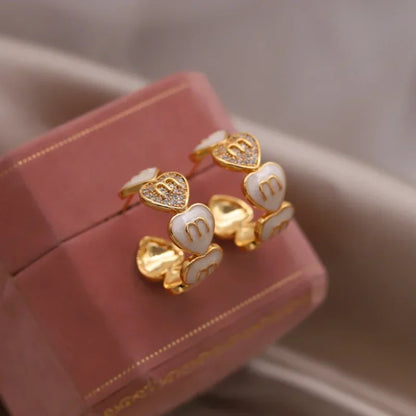 Korea new fashion jewelry 16K gold plated zircon letters M love love enamel C earrings elegant women's daily work accessories