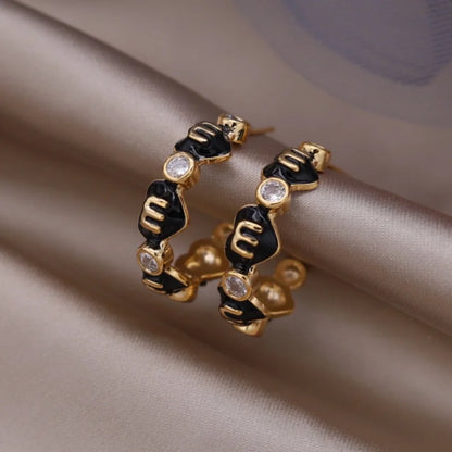 Korea new fashion jewelry 16K gold plated zircon letters M love love enamel C earrings elegant women's daily work accessories