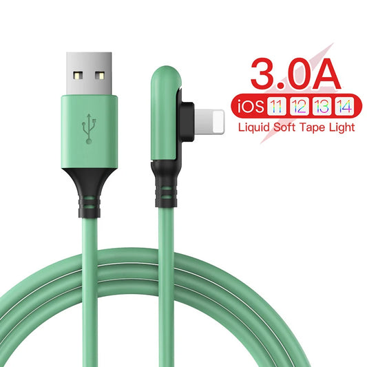 3A 90 Degree USB Data Cable 0.3/1.2/1.8m For iPhone Charger Kable Liquid Silicone Fast Charging Cord For iPhone 14 13 12 11