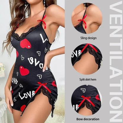 Lace Edge V-Neck Sling Side Split Sleepwear Women's Printed Love Letter Black Home Sling Dress Pajamas