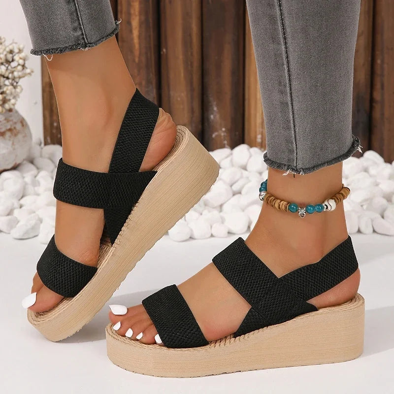 2024 Summer Casual Fashion Round Toe Wedge Solid Color Comfortable Open Toe Anti-Slip Wear-Resistant Women's Sandals