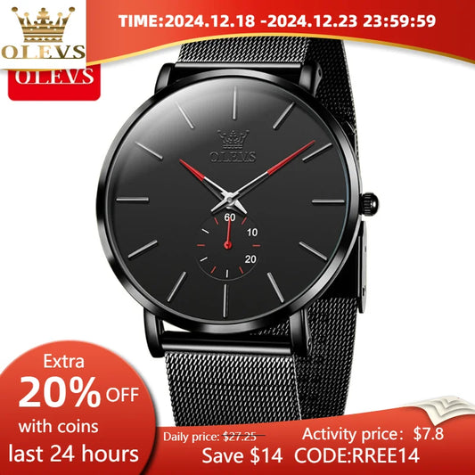 OLEVS Men's Fashion Quartz Watches Minimalism Ultrathin Original Waterproof Watch for Men Luminous Casual Mesh Strap Wristwatch