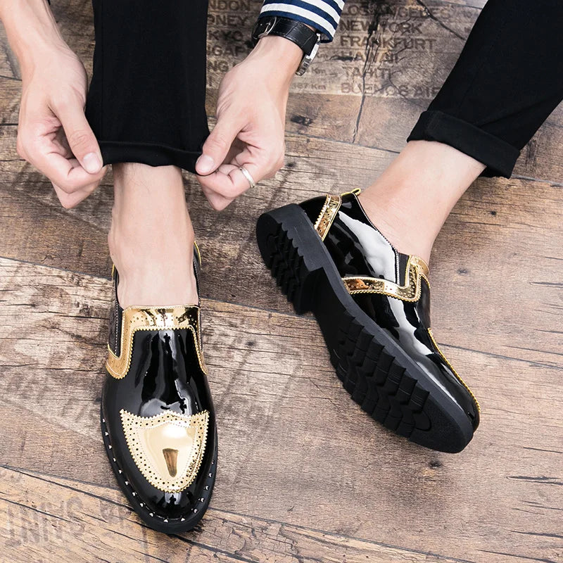 Fashionable Formal Men Shoes Lightweight Outdoor Loafers Thick Soled Wear-resistant Leather Shoes Black Gold andSilverSizes38-48