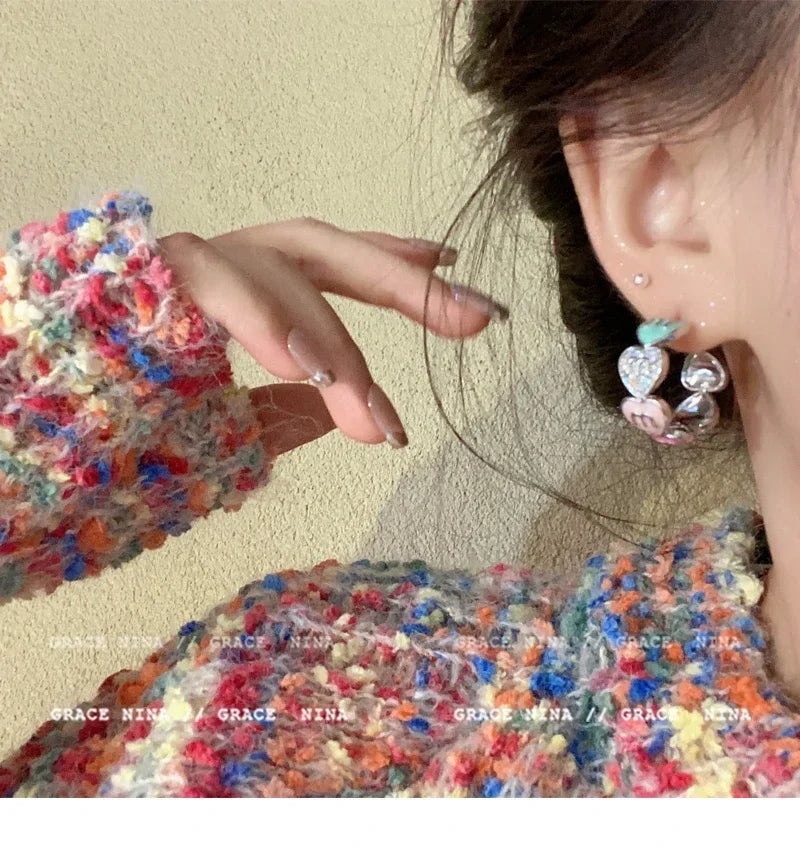 Korea new fashion jewelry 16K gold plated zircon letters M love love enamel C earrings elegant women's daily work accessories
