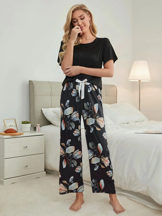 Women's pajamas new design solid color short-sleeved trousers two-piece elegant casual home wear set