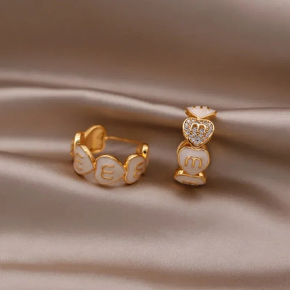 Korea new fashion jewelry 16K gold plated zircon letters M love love enamel C earrings elegant women's daily work accessories